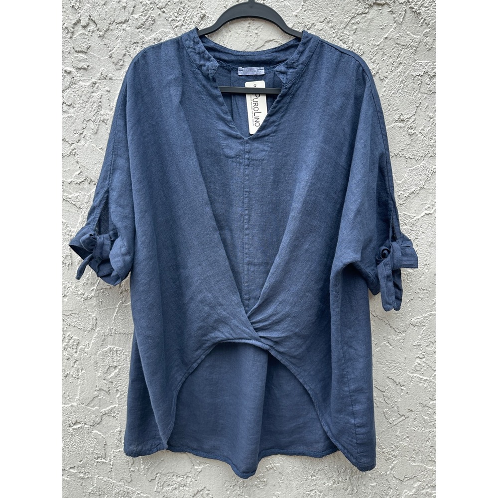 Purolino Italy Navy Blue 100% Linen Twist Front Tunic Top Lagenlook One Size
